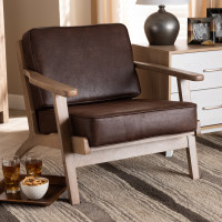 Baxton Studio Sigrid-Dark Brown/Antique Oak-CC Sigrid Mid-Century Modern Dark Brown Faux Leather Effect Fabric Upholstered Antique Oak Finished Wood Armchair